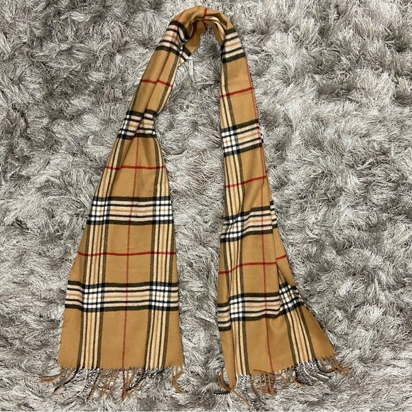 Unisex caramel beige stripe plaid cashmere feel acrylic fringe edged scarf. Used - Picture 2 of 4